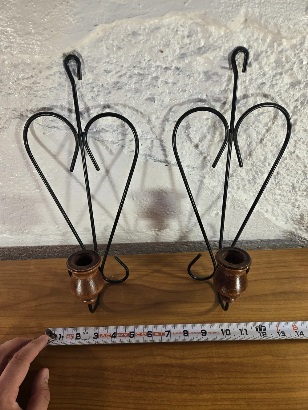 Rustic Heart Metal & Wood Wall Sconce Pair Taper Candle Holders Green